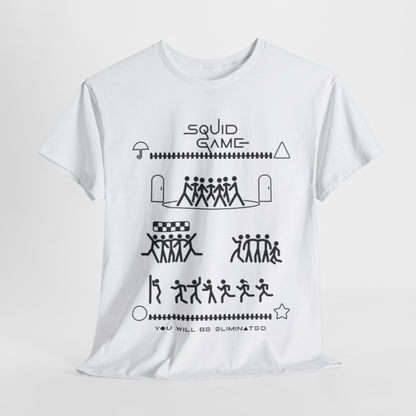 Luxurious white graphic t-shirt featuring iconic symbols from the Squid Game series, designed for style and comfort. A perfect unisex fashion statement that blends urban chic with a bold narrative.