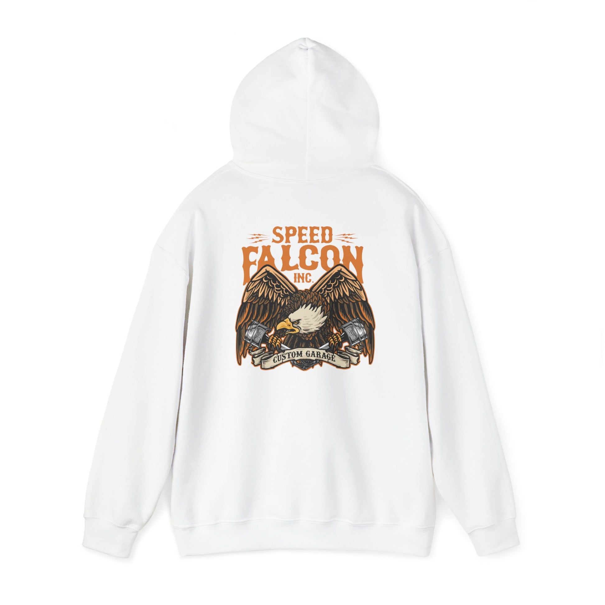 Stylish white hoodie with striking eagle graphic on the back, exuding energy and bold personality.