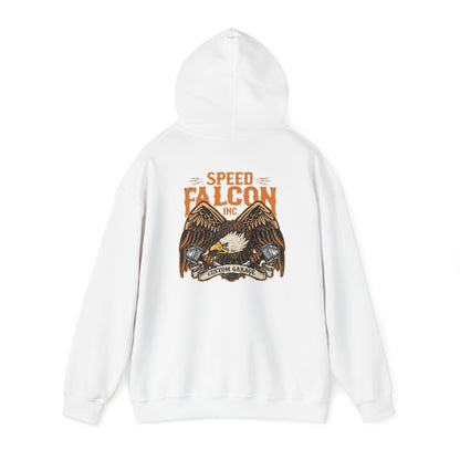 Stylish white hoodie with striking eagle graphic on the back, exuding energy and bold personality.