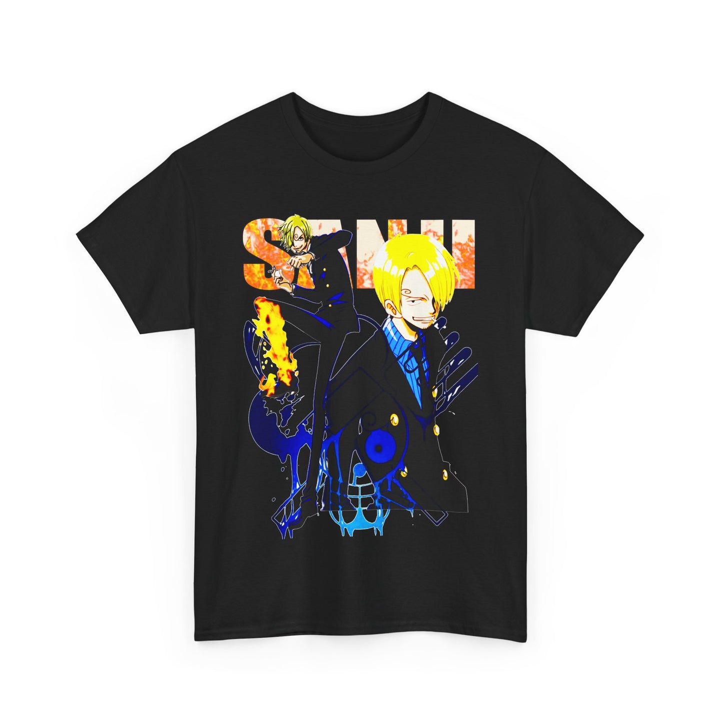 Luxurious black anime-inspired t-shirt featuring striking illustrations of iconic characters, designed for fashionable fans, perfect for showcasing a unique style.