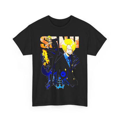 Luxurious black anime-inspired t-shirt featuring striking illustrations of iconic characters, designed for fashionable fans, perfect for showcasing a unique style.