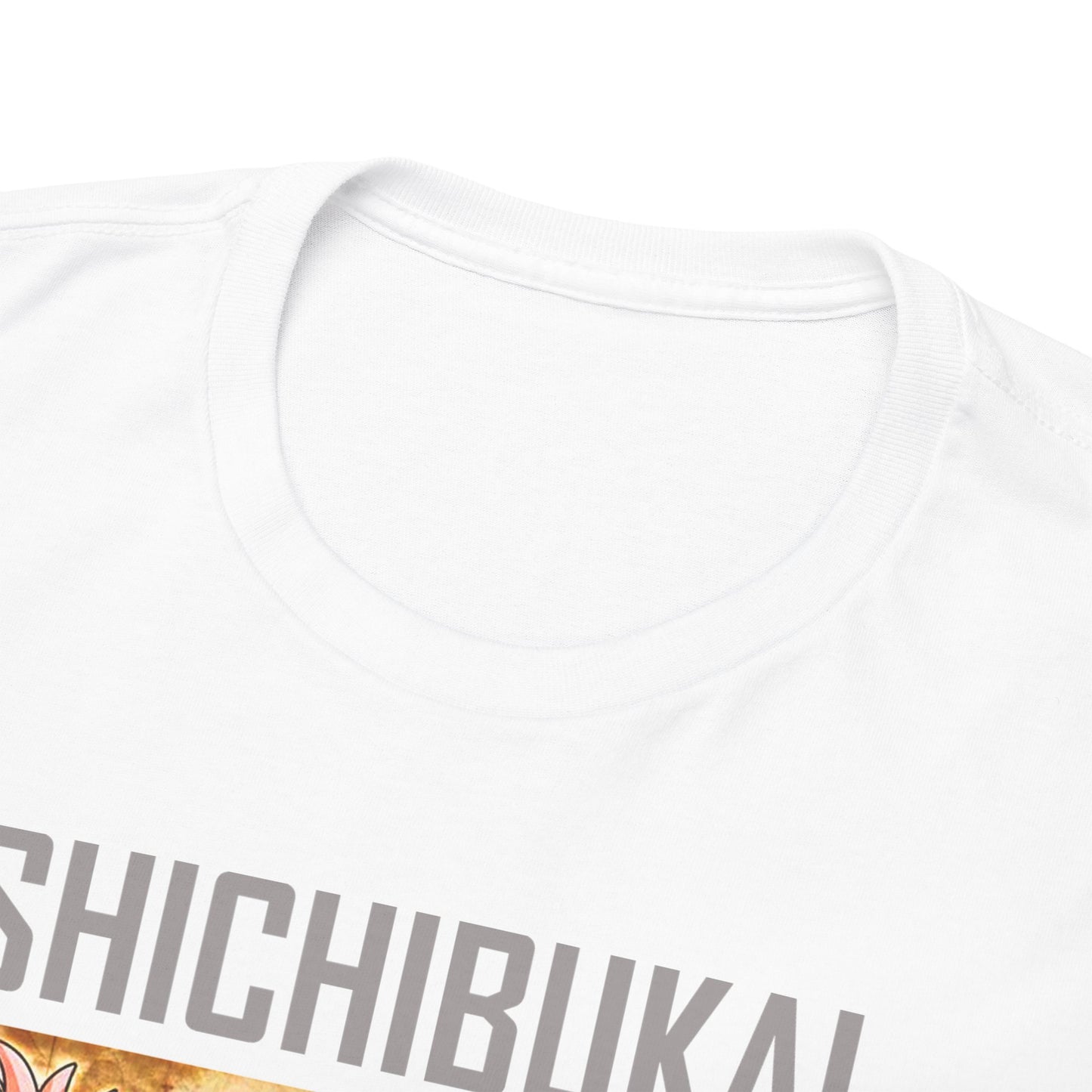Close-up view of the luxurious neckline and fabric detail of the One Piece Shichibukai men's t-shirt, emphasizing quality craftsmanship.
