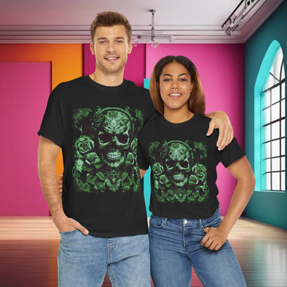 Luxurious Skulls and Roses Cotton Tee displayed by a stylish male and female model, showcasing an intricate green skull and rose design in a vibrant setting, perfect for alternative fashion enthusiasts.