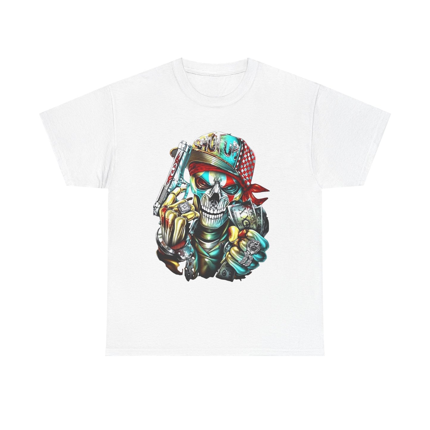 MEN'S FUNNY T-SHIRT WITH STYLIZED SKULL, BANDANA, AND GANGSTA GRAPHIC DESIGN