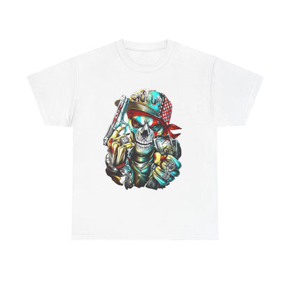 Sophisticated men's white t-shirt featuring an eye-catching skull graphic, complete with colourful elements, reflecting a unique blend of art and attitude.