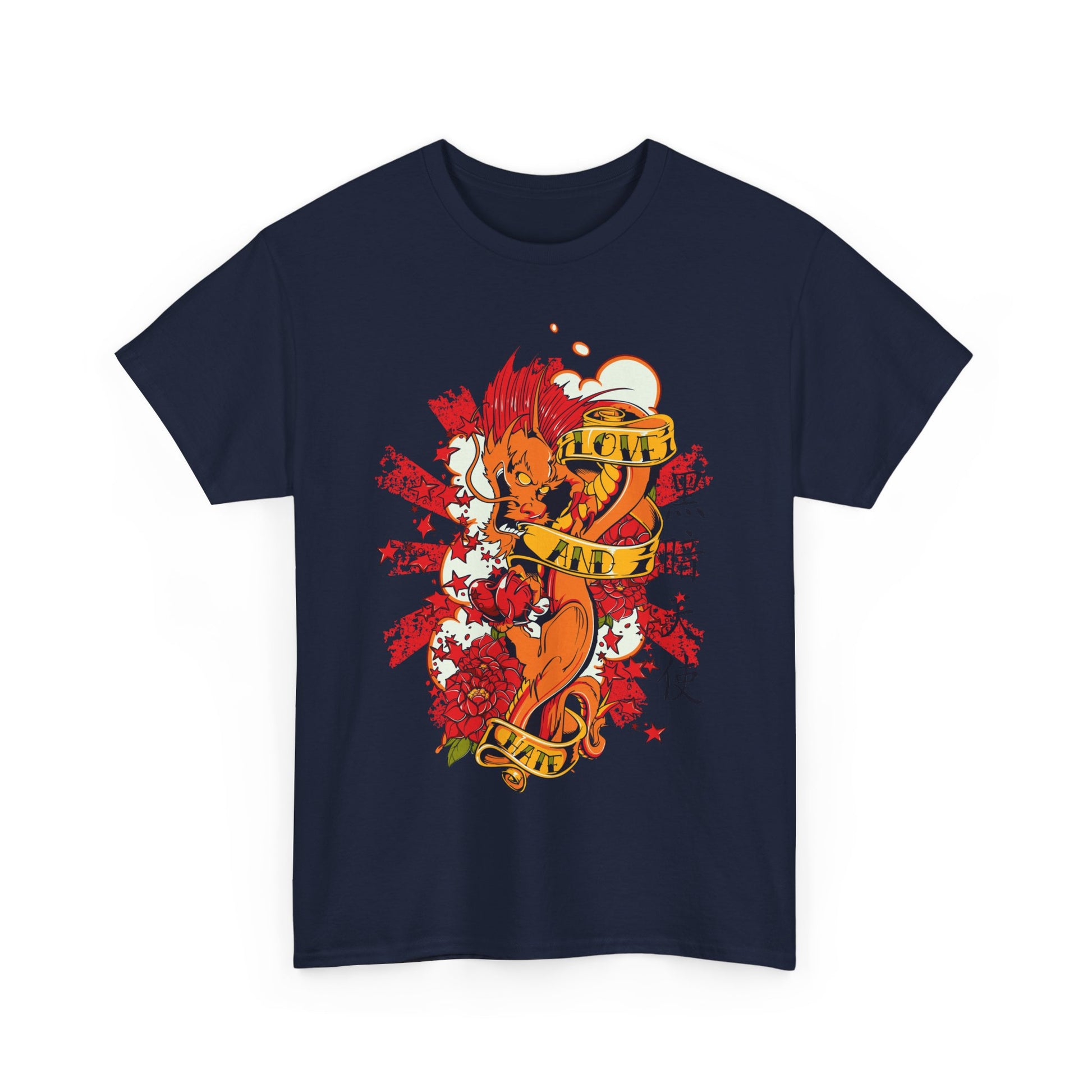 Luxurious men's t-shirt showcasing a vibrant fiery dragon graphic with floral accents and bold 'LOVE AND' banners, ideal for making a statement.