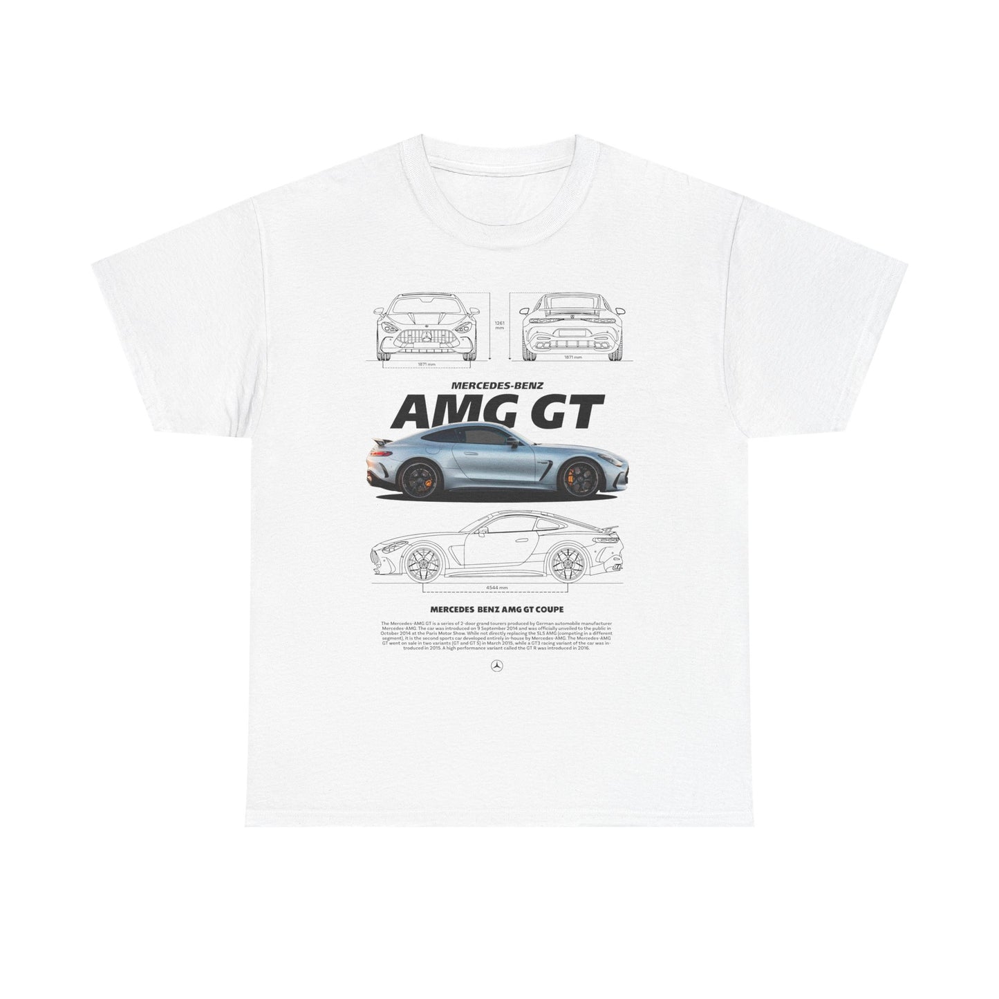Elegant white men's T-shirt featuring a detailed print of the Mercedes-Benz AMG GT from multiple angles, highlighting automotive sophistication and style.