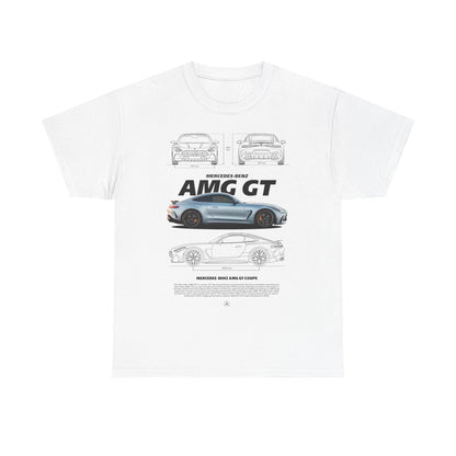 Elegant white men's T-shirt featuring a detailed print of the Mercedes-Benz AMG GT from multiple angles, highlighting automotive sophistication and style.