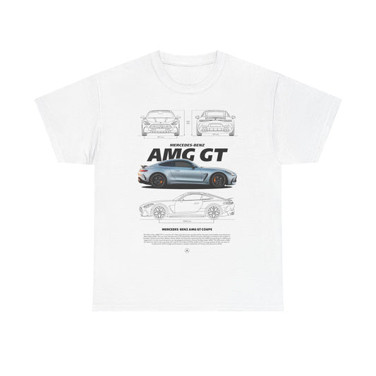 Elegant white men's T-shirt featuring a detailed print of the Mercedes-Benz AMG GT from multiple angles, highlighting automotive sophistication and style.