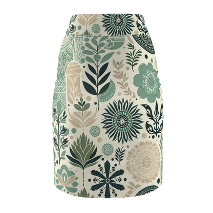 Elegant Leilani Beaumont Pastel Green Pencil Skirt by Dazzling Dreams Studio showcasing contemporary block print design with organic shapes, perfect for a luxurious wardrobe.