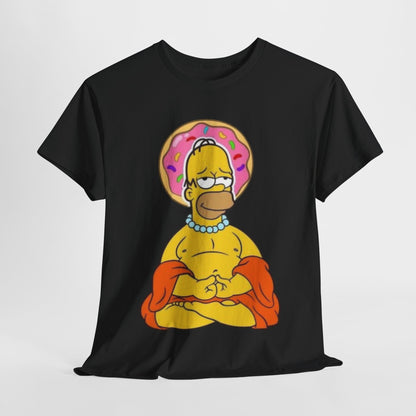 Buddha Homer Funny Graphic Unisex T Shirt TEE displaying a full view of Homer Simpson seated in a serene lotus position, exuding charm and comedy with his vibrant design.