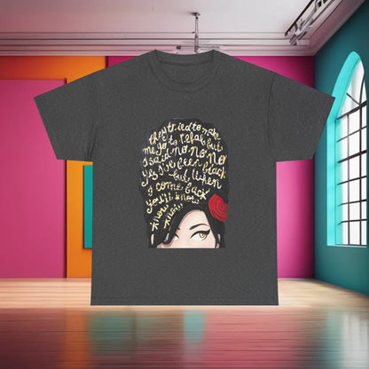 Chic Amy Rehab Lyrics Graphic Tee showcased against a stylish backdrop, highlighting its distinct artistic design of a woman's face intertwined with lyrics, made from high-quality cotton for a luxurious feel.