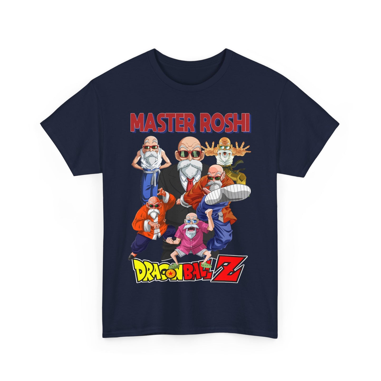 Luxury Dragon Ball Z Master Roshi men's T-shirt featuring vibrant illustrations of Master Roshi in various iconic poses on a classic navy background, perfect for anime enthusiasts.