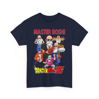 Luxury Dragon Ball Z Master Roshi men's T-shirt featuring vibrant illustrations of Master Roshi in various iconic poses on a classic navy background, perfect for anime enthusiasts.