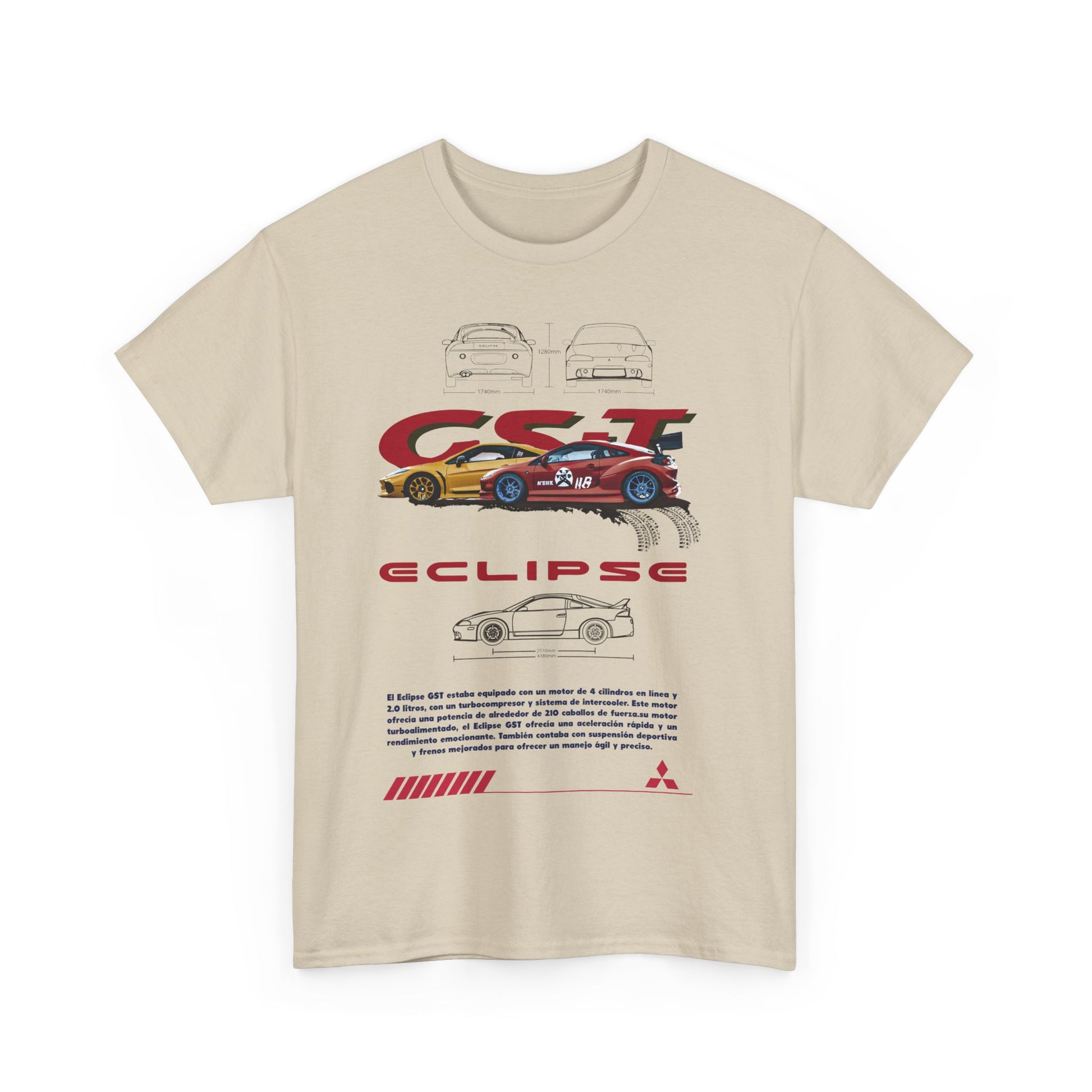 Elegant beige Mitsubishi Eclipse GST Men's T-Shirt featuring a bold graphic design on the front, perfect for expressing automotive passion with refined style.