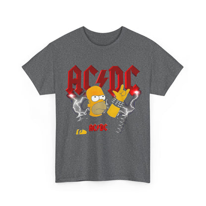 Front view of the iconic Homer Rock & Roll Unisex Cotton Tee Graphic T Shirt, featuring a bold AC/DC design with Homer Simpson in striking details, perfect for music enthusiasts.