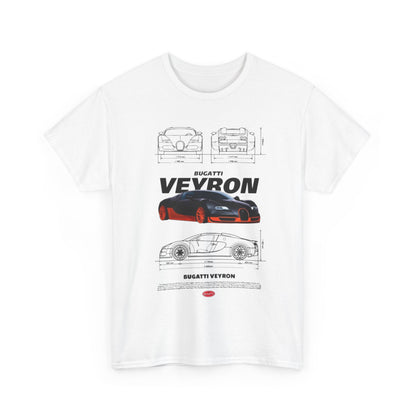 Men's T-Shirt featuring Bugatti Veyron Design, showcasing detailed technical drawings and specifications, perfect for automotive enthusiasts.
