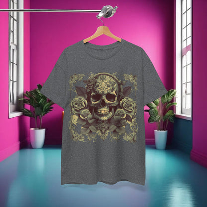 Luxury Skulls and Roses Cotton Tee displayed elegantly on a hanger in a stylish indoor setting, highlighting its unique design.