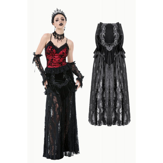Elegant Dark in Love Gothic Lace Velvet Maxi Skirt in Black, featuring layered design and Victorian accents, perfect for gothic formal wear.