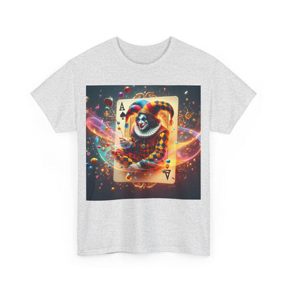 Unisex Harlequin Playing Card Graphic Tee featuring a vibrant harlequin pattern and striking playing card graphic, made from premium cotton blend for a luxurious feel.