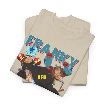 Folded beige t-shirts with vibrant anime designs of Franky, exemplifying premium quality and passionate craftsmanship.