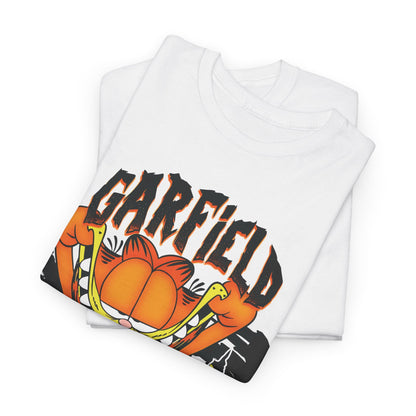 Garfield Unisex Graphic T-Shirt elegantly folded, showcasing the vibrant cartoon design of Garfield, ideal for those who appreciate whimsical and luxurious casual fashion.