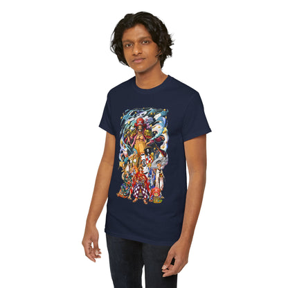 Elegant navy men's T-shirt adorned with striking anime graphic art, depicting a collage of adventurous characters, ideal for fans seeking stylish attire.