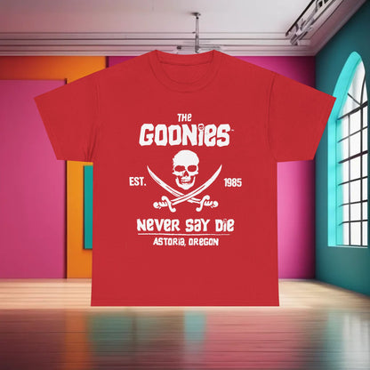 The Goonies Graphic T-Shirt in vibrant red, adorned with the legendary skull and crossbones, 'NEVER SAY DIE' motto, ideal for those who cherish adventure and cinematic history.