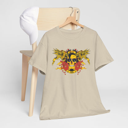 Chic showcase of the Bold Yellow Skull Graphic T-Shirt draped over a chair alongside a stylish cap, exemplifying a sophisticated casual look.