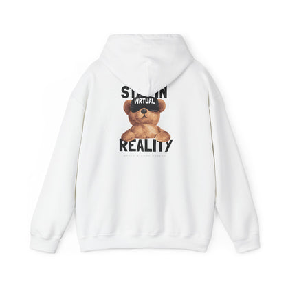 Luxurious white hoodie featuring a whimsical VR teddy bear design with the words 'STAY IN VIRTUAL REALITY' against a clean background, perfect for stylish comfort.