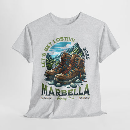 Stylish Marbella Hiking Club Unisex Graphic Tee displayed in light grey, featuring a captivating design with hiking boots and vibrant mountain scenery, ideal for adventure seekers.