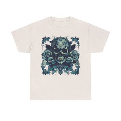 Refined Skulls and Roses Cotton Tee presented on a cream background, emphasising the detailed graphics of skull and roses, ideal for a luxurious wardrobe.