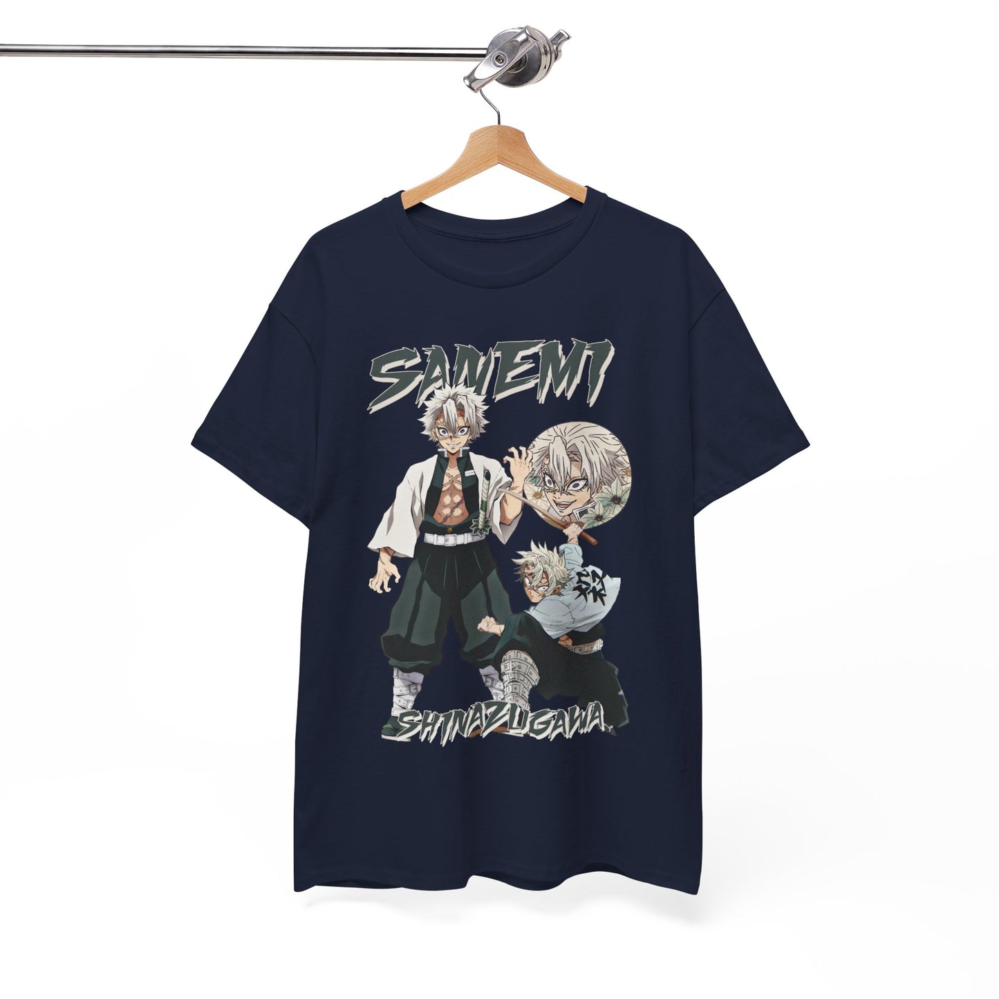 Elegant Sanemi Shinazugawa T-shirt featuring dynamic character illustrations, perfect for anime enthusiasts.