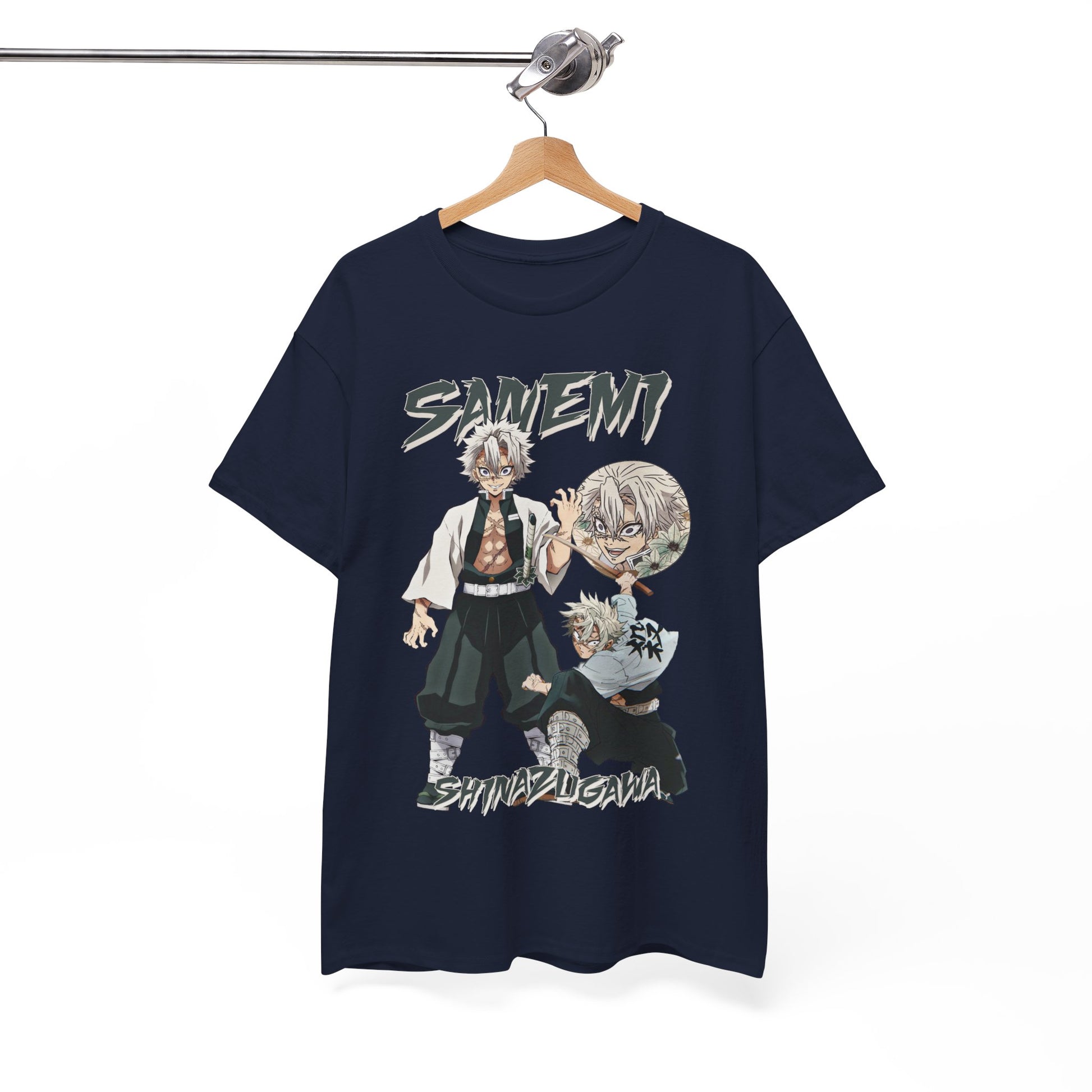 Elegant Sanemi Shinazugawa T-shirt featuring dynamic character illustrations, perfect for anime enthusiasts.