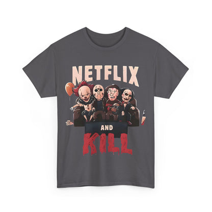 Stylish Netflix and Kill Graphic T-Shirt in a refined aesthetic, showcasing a creative blend of humour and horror with cartoonish images for modern taste.