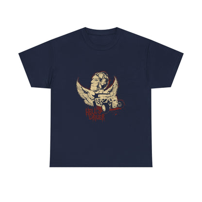 Elegant navy men's graphic t-shirt showcasing a majestic angelic figure with wings, complemented by a retro car and 'Hell's Driver' in striking gothic letters.