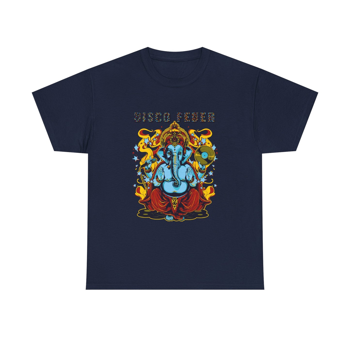 Sophisticated navy t-shirt adorned with a captivating Lord Ganesha illustration and 'DISCO FEVER' font, merging luxury with artistic expression.