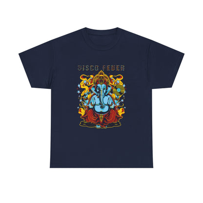 Sophisticated navy t-shirt adorned with a captivating Lord Ganesha illustration and 'DISCO FEVER' font, merging luxury with artistic expression.