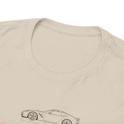 Close-up view of the neckline and graphic details on a beige Chevrolet Corvette C6 t-shirt, highlighting premium fabric and iconic Corvette automotive design.