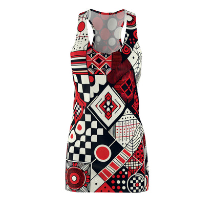 Valeria Belmonte Racerback Dress in vibrant red checkerboard and organic motifs, showcasing a chic silhouette perfect for elegant occasions.