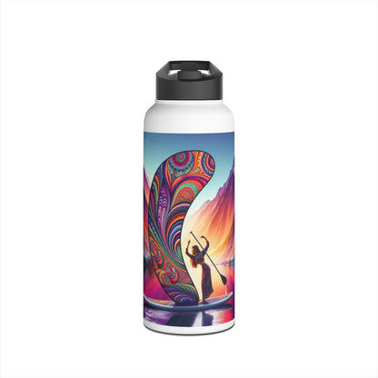 Premium Fantasy Paddleboarding Stainless Steel Water Bottle displaying an artistic paddleboarding scene, ideal for outdoor enthusiasts seeking elegance in functionality.
