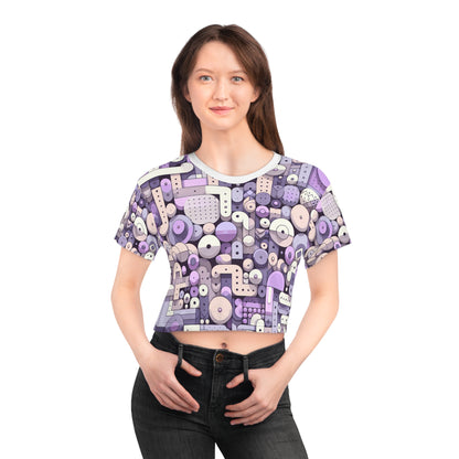 Artistic display of the Pastel Purple Abstract Patterned Cropped T-Shirt from Dazzling Dreams Studio, perfect for fashion-forward individuals seeking comfort and style.