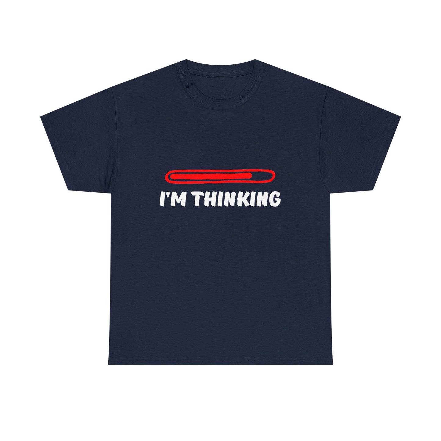 Refined navy I'm Thinking t-shirt displays a vibrant red progress bar design, an ideal choice for making a chic statement.