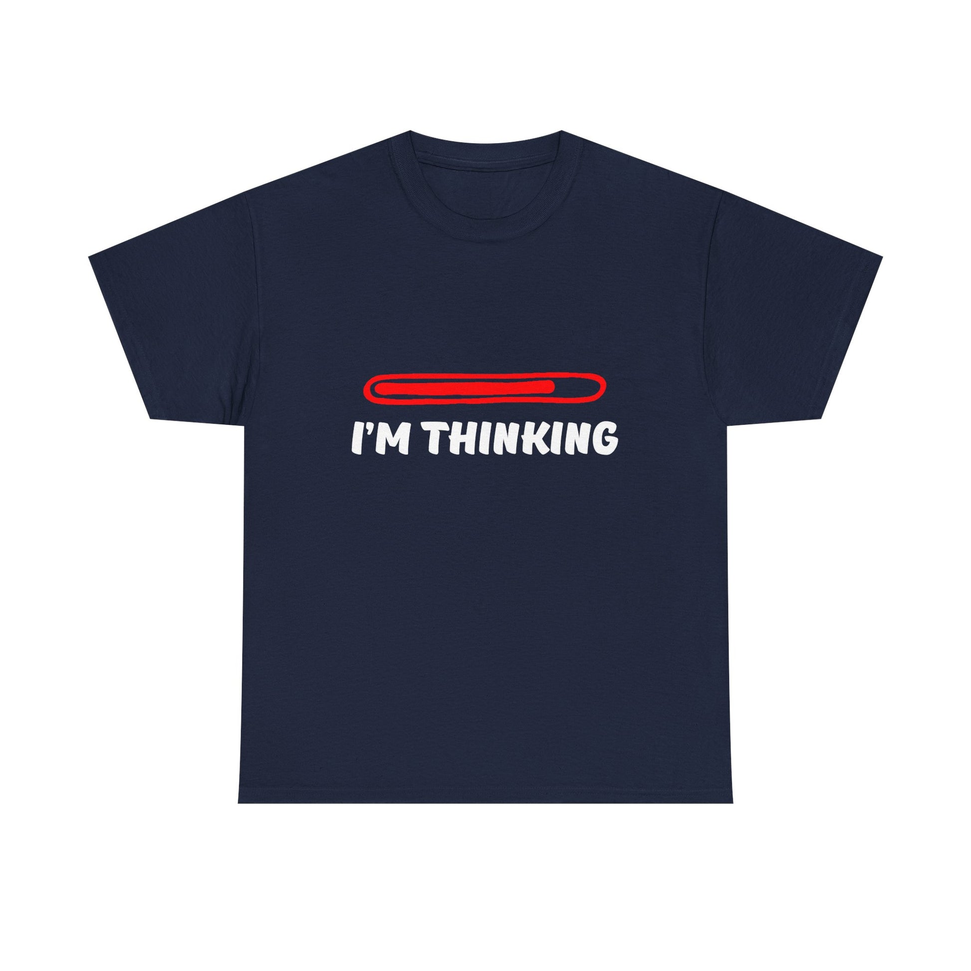 Refined navy I'm Thinking t-shirt displays a vibrant red progress bar design, an ideal choice for making a chic statement.