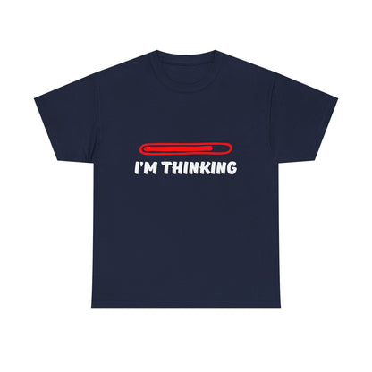 Refined navy I'm Thinking t-shirt displays a vibrant red progress bar design, an ideal choice for making a chic statement.