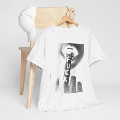 Artfully styled white graphic tee draped over a chair, highlighting a bold black-and-white design, blending contemporary art with casual wear.