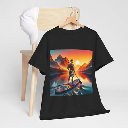 Lifestyle image of the Serene Paddle Board T-Shirt by Dazzling Dreams Studio, worn during a scenic outdoor paddleboarding adventure.