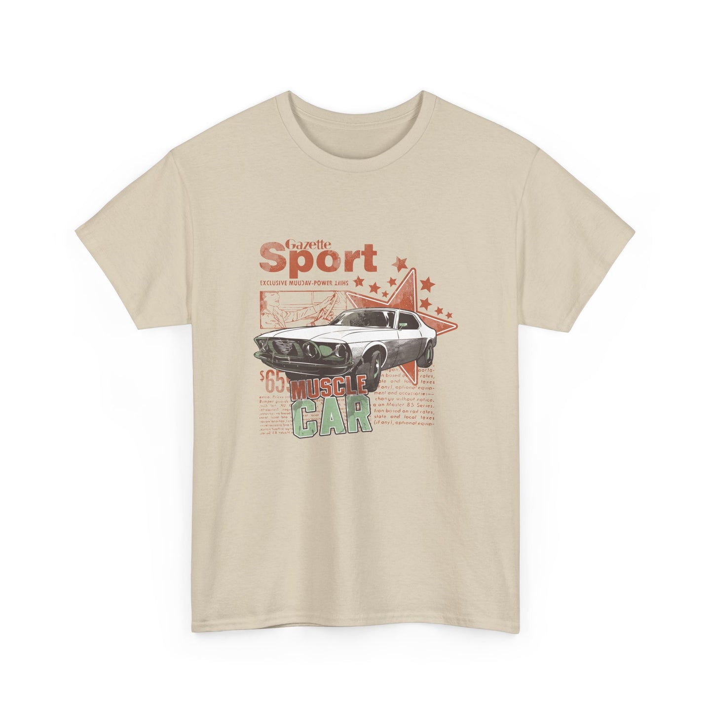 Front view of a premium retro muscle car graphic tee featuring a classic car illustration, stars, and engaging typography in soft beige.