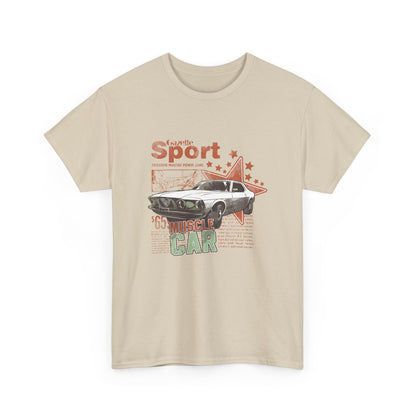 Front view of a premium retro muscle car graphic tee featuring a classic car illustration, stars, and engaging typography in soft beige.