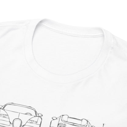 Close-up view of the collar and neckline of a luxury Bugatti Veyron design T-Shirt. This unisex tee features technical drawings of the iconic hypercar, combining style with automotive passion.